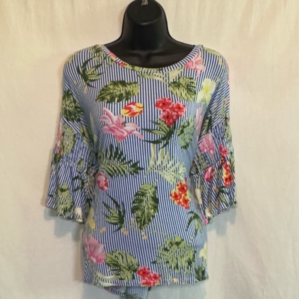 H-111 Allison Brittney Stripes & Floral Bell Sleeve Pullover Blouse Size M
